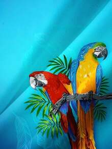 夏威夷鹦鹉印花男士短袖纽扣衬衫 - 藍色 - 查看 6