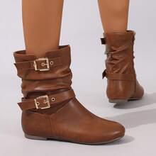 Brown Striped Buckle Pleated Mid-Calf Boots, Side Zipper, Flat Round Toe, Comfortable, Versatile, Suitable For Commute, Daily Wear, Vacation, All Season, Fashion Women's Boots,Cowgirl Boots - Brown - View 10