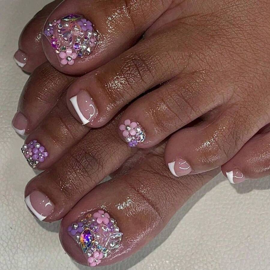 French White Toenails Three-Dimensional Flower Glitter Foot Nail Art False Nails Short Wear Nails - 2XB1-13244 - View 1
