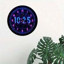 1 Neon Night Light Digital Wall Clock - Silent No Second Hand Modern Round Design, Pink LED Dial, Finger, Battery Powered (AA Batteries Not Included) - Artificial Wooden Frame, Suitable Home Office, Bedroom, Living Room Decoration - Halloween Giftchristmas Ornaments, Bedroom Furniture Set, Furniture Living Room, Home Furniture, Clock Living Room, Clock Bedroom, Wall Decor, Clock Wall - 黑色 - 查看 4