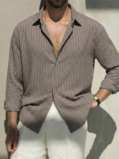 LOOKUN Vintage Style Men's Long Sleeve Shirt, High-Quality Striped Shirt, Business Casual Wrinkle-Free Long Sleeve Shirt For Winter