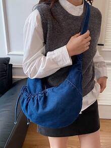 Túi đeo vai vải bố màu xanh lam kiểu Nhật Bản, túi đeo chéo thời trang có khóa kéo và nơ xếp ly, túi xách gấp gọn hình lưỡi liềm thích hợp đi học/đi làm/đi làm hàng ngày. - Nhiều màu - Xem 7