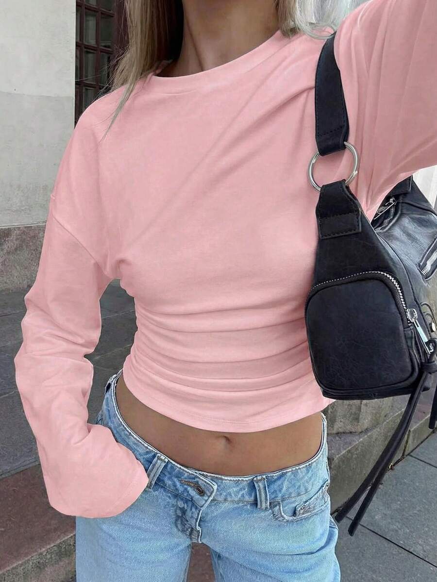 New Stylish Solid Color Ruffle Trim Elegant Long Sleeve Round Neck Blouse, Suitable For Vacation, Date, School, Travel, And Daily Wear Pink Spring - Pink - View 1