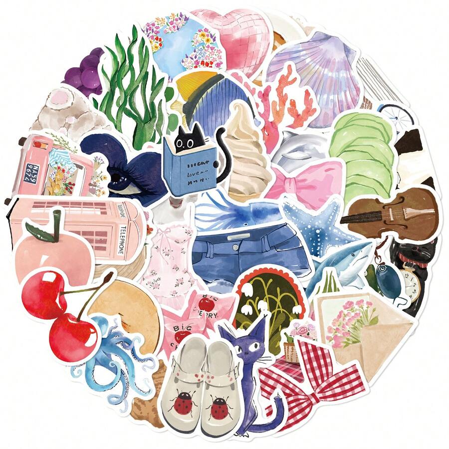 50pcs Vintage Watercolor Diary Stickers, Whimsical Sun Y2K Urban Aesthetic, Funny 80s 90s Cartoon Stickers, Suitable For Scrapbooking, Envelopes, Water Bottles, Computers, Laptops, Phones, Luggage, Notebooks, Fridges, Holiday Parties, Christmas, New Year Winter Decor - C - View 1