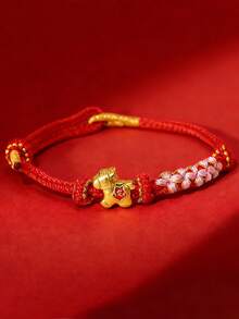 1pc/ Natural Stone Bracelet, Zodiac Horse, Money Coming Soon, Red Bracelet, Hand-Woven, Adjustable Size, Exquisite Red String Bracelet, An Ideal Gift For Friends During Festivals And Gatherings - Pony Woven Bracelet - View 9
