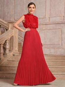 优雅拼接褶皱蕾丝纽扣正式晚礼服，情人节派对春季婚礼 - 紅色 - 查看 4