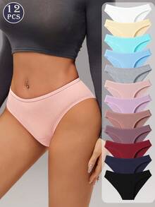 12 Packs Of Solid Color Simple Ribbed Underwear Women, Soft, Stretchy And Breathable  Knitted Panties, Available In A Variety Of Colors And Sizes From S To XXL Underwear For Women, Suitable For Comfortable And Casual Wear Cotton Panties - Nhiều màu - Xem 1