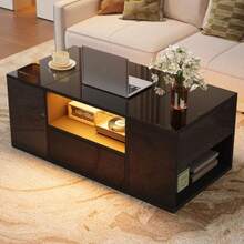 Coffee Table (100 X 50 X 40 Cm), Side Table With One Drawer, Sofa Table With Two Cabinets, High-Gloss Living Room Table With LED Light Strips, Coffee Table With 6 Storage Compartments, Black - Black - View 4