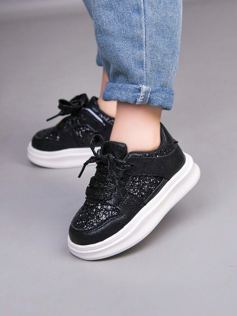 2026 Spring/Autumn New Kids Casual Shoes, Unisex, Korean Style Glitter Sneakers, Soft Sole School Shoes, Suitable For All Seasons - Black - View 1