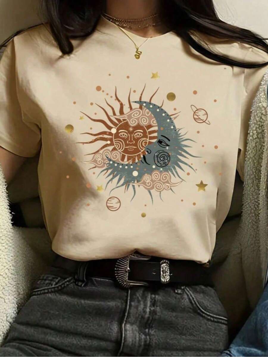 Women's T-Shirt With Sun And Moon Face Print, 100% Cotton, Lightweight, Soft, Cool, Casual, Basic Fabric For All Occasions. - 卡其色 - 查看 1