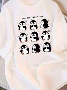 Camisa Feminina Fofa e Confortável Pinguin Camiseta Básica Casual de Extremo Conforto Blusinha Linda Delicada Moda Mulher Blusa de Algodão Macia e Leve Gola Redonda - Branco - Visão 1