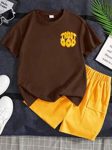 男童休闲字母标语印花圆领短袖T恤+工装裤套装（2件套），舒适休闲，夏季新品 - 彩色 - 查看 2