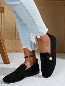 New Fashion Metal Buckle Decor Strap Slip-On Shoes, Stylish Loafers, Comfortable Non-Slip Versatile Design Suitable For Daily Wear And Commuting - Black - View 3