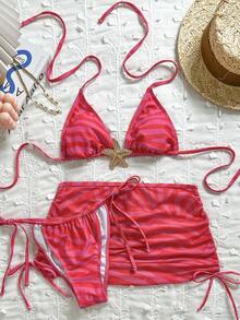 2026新款性感三件套比基尼泳衣，星形装饰，挂脖设计，亮丽色彩，海滩度假必备 - 彩色 - 查看 7