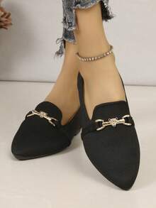 Women's Fashionable & Comfortable Black Pointed Toe Loafers With Metallic Leopard Head Decor, Elegant Flat Slip-On Shoes - Black - View 6