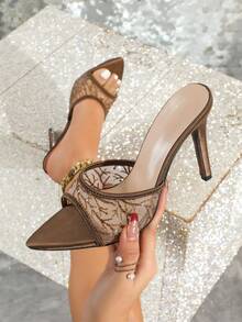 Women's Fashion Pointed Toe Mesh Breathable Stiletto Heel Sandals, Casual Romantic Comfortable Nightclub Versatile High Heel Slides - Brown - View 1
