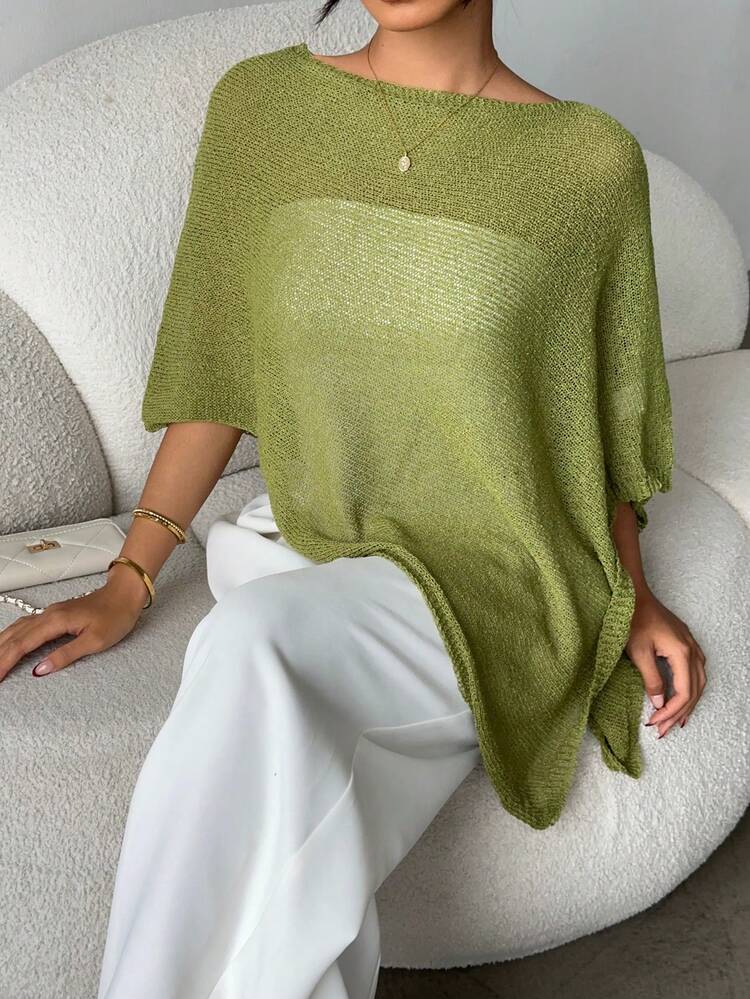 Fashionable & Elegant Loose Knitted Shawl Cardigan, Lightweight & Breathable, Oversized Design, Suitable For Women, Spring/Summer Casual Wear, Leisure Travel, Beach, Versatile - Green - View 3
