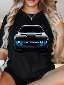Women's Round Neck Short Sleeve T-ShirtBlack T Shirt With Dodge Challenger Car Graphic For Women Casual Streetwear Fashion TopFun Prints Are Suitable For Christmas Partysports Activitiesholiday Partiesoutingssports And Other Holiday Gifts (220g). - 黑色 - 查看 1