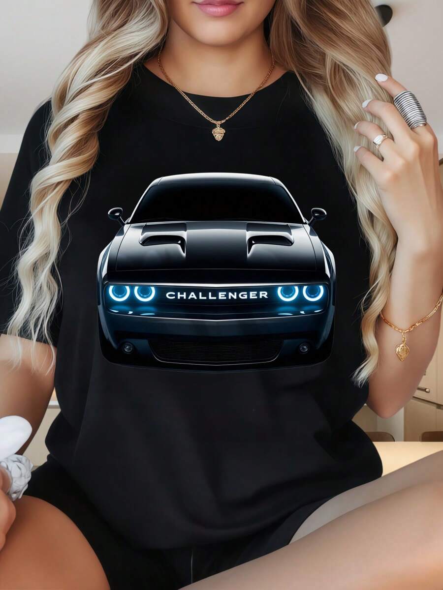 Women's Round Neck Short Sleeve T-ShirtBlack T Shirt With Dodge Challenger Car Graphic For Women Casual Streetwear Fashion TopFun Prints Are Suitable For Christmas Partysports Activitiesholiday Partiesoutingssports And Other Holiday Gifts (220g). - 黑色 - 查看 1