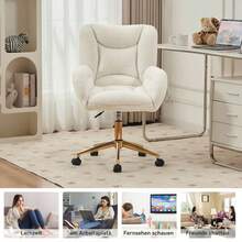 KD Teddy Height-Adjustable Swivel Chair In Fabric, With Gold Legs, White, Ideal For A Home Office. - White - View 3