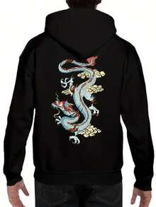 Men's Red Dragon Pattern Hoodie - Casual Polyester Pullover - Grey - View 1