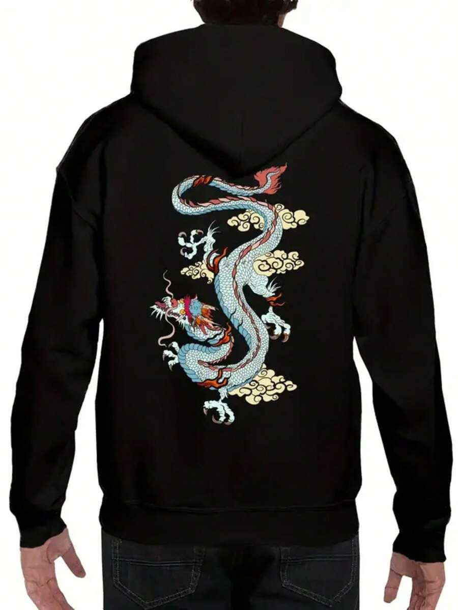 Men's Red Dragon Pattern Hoodie - Casual Polyester Pullover - Grey - View 1