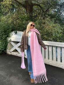 1pc Women's Casual Solid Pink Scarf, Suitable For Keeping Warm During Early Mornings And Evenings In Winter - Baby Pink - View 3
