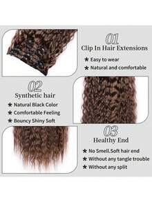 22-Inch Artificial Curly Hair Clip-On Wig Set - Long Wavy Clip-On Hair Cap - Hair - 6-Piece Clip-On Full Head Cover - Brown - View 4