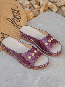 Giày sandal thời trang cỡ lớn dành cho nữ size 35-45, họa tiết da cá sấu màu đỏ tía, kiểu dáng thường ngày, hở mũi, đế xuồng, đế dày, thích hợp cho mùa hè. - Họa tiết cá sấu màu đỏ rượu vang - Xem 6