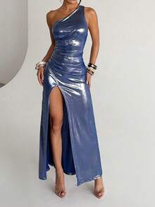 WOWDARK 夏季连衣裙，蓝色亮片面料不对称肩部派对礼服，优雅适合生日、派对、情人节、约会之夜和婚礼等场合。 - 寶藍色 - 查看 3