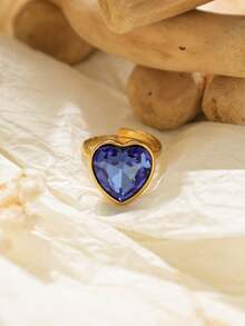 1pc Multi-Color Sparkling Heart Zirconia Stainless Steel Gold Adjustable Ring, Suitable For Girls' Everyday Wear And Parties, Exquisite And Simple Jewelry Gift. - Gold - View 9