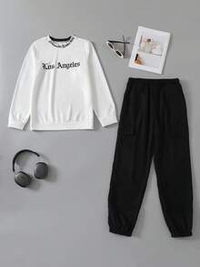 2 件套青少年男童洛杉矶字母印花运动衫和运动裤套装，适合春秋冬季休闲时尚服装