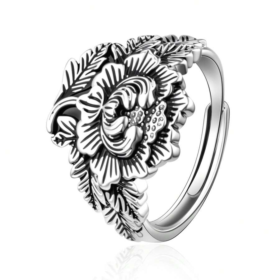 1pc 925 Sterling Silver Vintage Leaf Pattern Personalized Fashion Adjustable Ring, Suitable For Everyday Casual Wear, Gift For Family And Friends On Holidays And Birthdays - Antique Silver - View 1