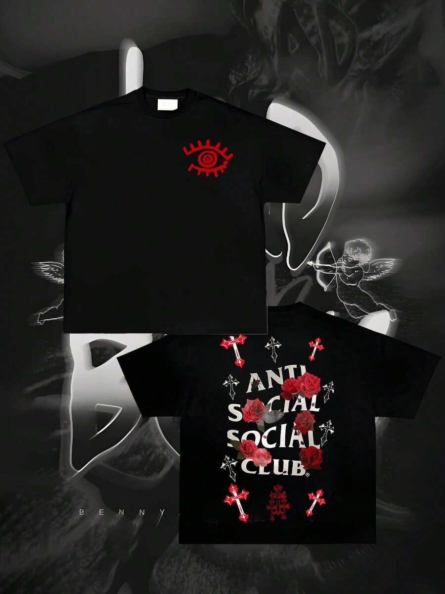 Anti Social Club Graphic Cropped T-Shirt For Boys And Girls Men, Women All Ages Family T-Shirt Letter New Streetwear Clothing Harajuku T-Shirt Cotton Half Sleeve Tee, Y2K Style Casual Cotton Classic Crewneck Design Tee - màu đen - Xem 1