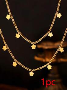 1pc Girl's Necklace, Layered Beach Style, Stainless Steel Mini Flower & Tassel Pendant Necklace, Waterproof & Hypoallergenic, Fashion Jewelry Gift For Mother, Valentine's Day - Yellow Gold - View 4