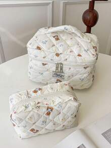 1pc Beige Floral Bow Bear Rabbit Quilted Makeup Bag, Large Capacity Portable Zipper Makeup Pouch, Suitable For Travel & Vacation, Can Store Sanitary Pads, Keys, Phones, Chargers, Lipsticks, Cosmetics, Perfumes, Makeup Brushes, Ideal Storage For Skincare & Beauty Products, Suitable For Women, Students, Girls, Also A Perfect Gift For Holidays & New Year - Beige - View 5