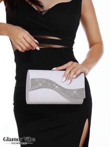 1pc Women's Fashionable & Elegant Diamond Decorated Evening Clutch Bag, Sparkling Rhinestone Embellished Flap Handbag, Detachable Metal Chain Shoulder Strap, Suitable For Party, Romantic Wedding, Prom, Nightclub, Birthday Gift, Formal Dress, Valentine's Day, Holiday - White - View 7