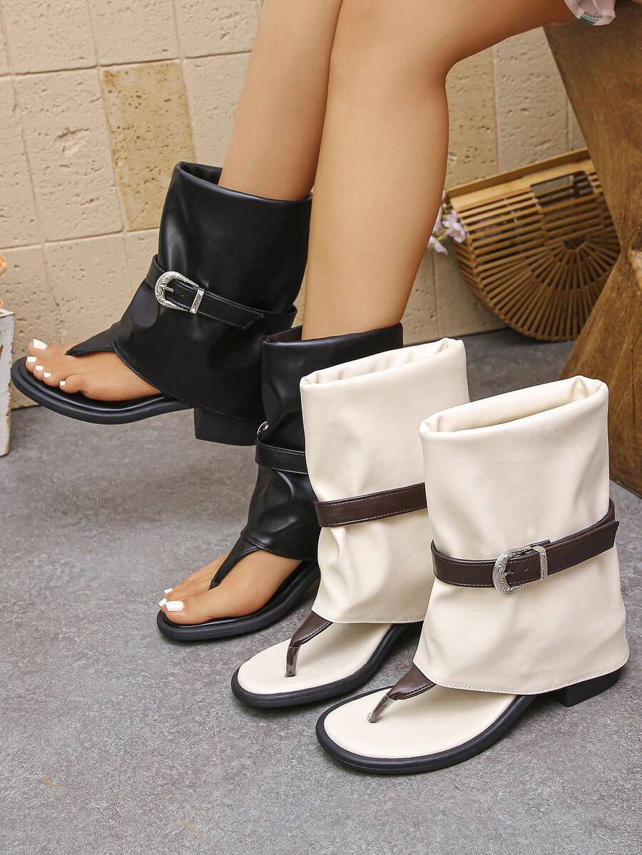 复古港式夏季新款时尚休闲舒适搭扣夹趾折叠中筒凉鞋，时尚街头风修身黑色凉鞋 - 黑色 - 查看 1
