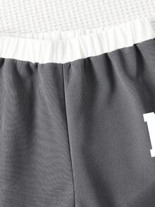 Teen Girl Casual Everyday Commute Letter Print Contrast Collar Short Sleeve Polo Shirt And Wide Leg Pants Set, Spring/Summer/Autumn - Dark Grey - View 5