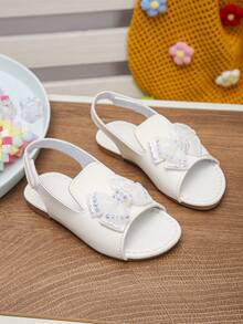 1双女童春夏新款蝴蝶结水钻软底露趾平底公主凉鞋，儿童多功能防滑罗马鞋，适合旅行、度假和上学穿着 - 白色 - 查看 2
