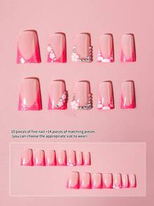 24片亮粉色法式美甲Y2K闪粉设计美甲贴纸，水钻点缀花瓣设计，鸭嘴形亚克力美甲套装，包含1瓶果冻胶和1把指甲锉，易于佩戴，适合女性和女孩日常、工作、派对等场合的美甲用品。 - 查看 3