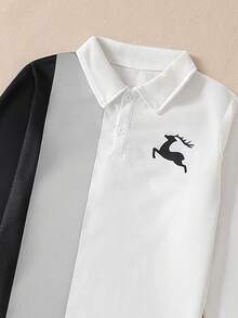 2 件套男童拼色鹿印花长袖 Polo 衫和休闲舒适长裤套装，适合春秋季节 - 黑與白 - 查看 7