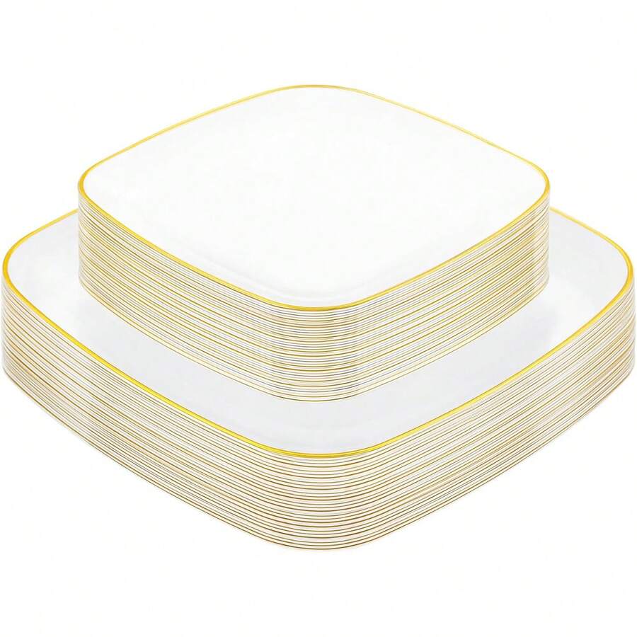 50/215/20/10/1 Set White Oval Single Gold Rim Party Plates, Dinnerware Set, Salad Plates, Celebration Party Tableware, Trays, 10.25 Inch And 7.5 Inch Dinner Plates, Suitable For Various Parties, Outdoor, Wedding, Restaurant - White Background - View 1