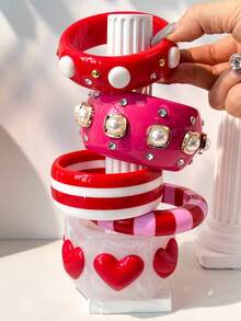 1pc Pink Heart Contrast Color Bracelet With Pearl & Rhinestone Decor, Versatile Style Suitable For Street Fashion, Internet Celebrity Wristband, Valentine's Day Gift, Mother's Day Present - Multicolor - View 9