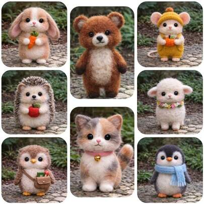 1 Set Kit de fieltro de aguja con animales, kits de fieltro para principiantes adultos con tutoriales en video paso a paso, oso/oveja/gato/pingüino/ratón/búho/erizo/conejo kit de fieltro DIY, adornos decorativos para el hogar lindos y divertidos, regalos de cumpleaños, San Valentín y Navidad