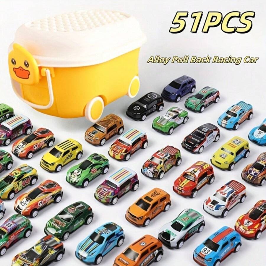 50 Mini Racing Car Toys With A 10.43-Inch Long Storage Box That Holds 50 Mini Racing Cars Of Random Styles. - Multicolor - View 1