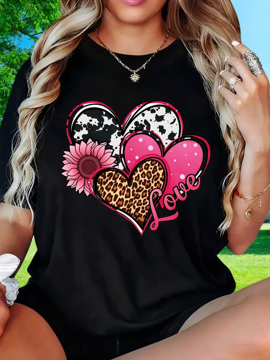 Heart Pattern Love Leopard Print Pink Flower Graphic Tee Shirt Women Casual Summer TopWomen's Round-Neck Short-Sleeved T-Shirt With Valentine's Day Fun Print PatternMarch Girl Cute Bunny Hair Design T Shirt Women Fashion Graphic Tee Spring Seasonal ClothingSuitable For Christmas Parties Sports Activities Festival Parties Sports-Related Holiday Gifts (220g). - 黑色 - 查看 1