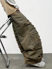 1件复古拼接阔腿牛仔裤，时尚宽松街头风休闲男士牛仔裤，四季皆宜（产品不含腰带和配饰） - 藍色 - 查看 9