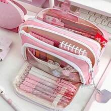 Big Capacity Pencil Case 3 Compartments Large Pencil Pouch Pen Bag Pencil Box Holder Organizer Simple Storage Aesthetic Stationery Cosmetic For Adults Men Women Office Essentials - 粉色 - 查看 3