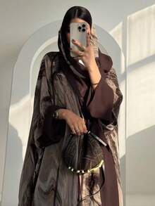 1pc Fashion Bright Chiffon Elegant Vacation Comfortable Loose Long Sleeve Solid Color Simple Breathable Casual Women Abaya Dress - Multicolor - View 6